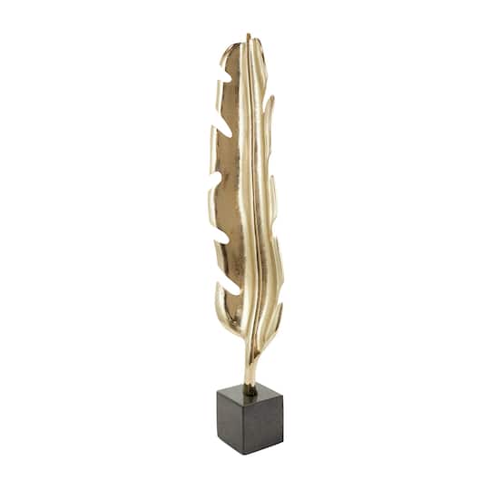 33" Gold Aluminum Bird Feather Sculpture with Black Marble Base
